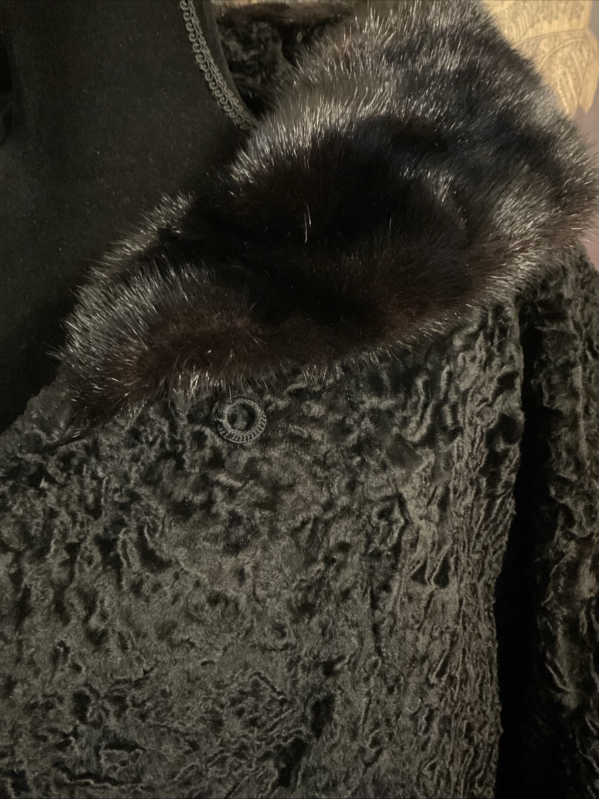 Vintage 1960s Black Curly Lamb Jacket Dark Brown Mink Collar, Black Fur Jacket