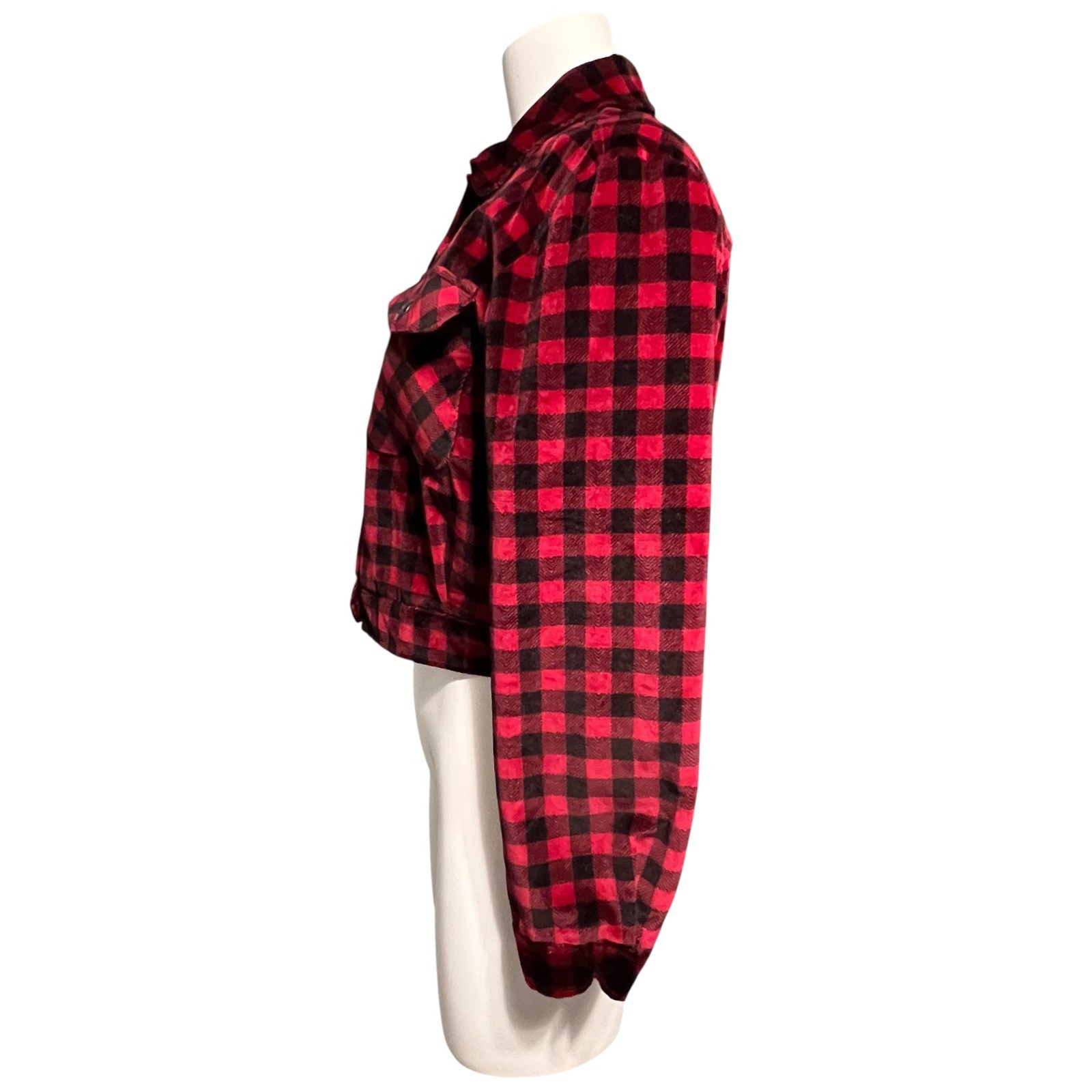 Vtg Bushwacker Cropped Velour Jacket Womens S Red Black Check Plaid USA Made