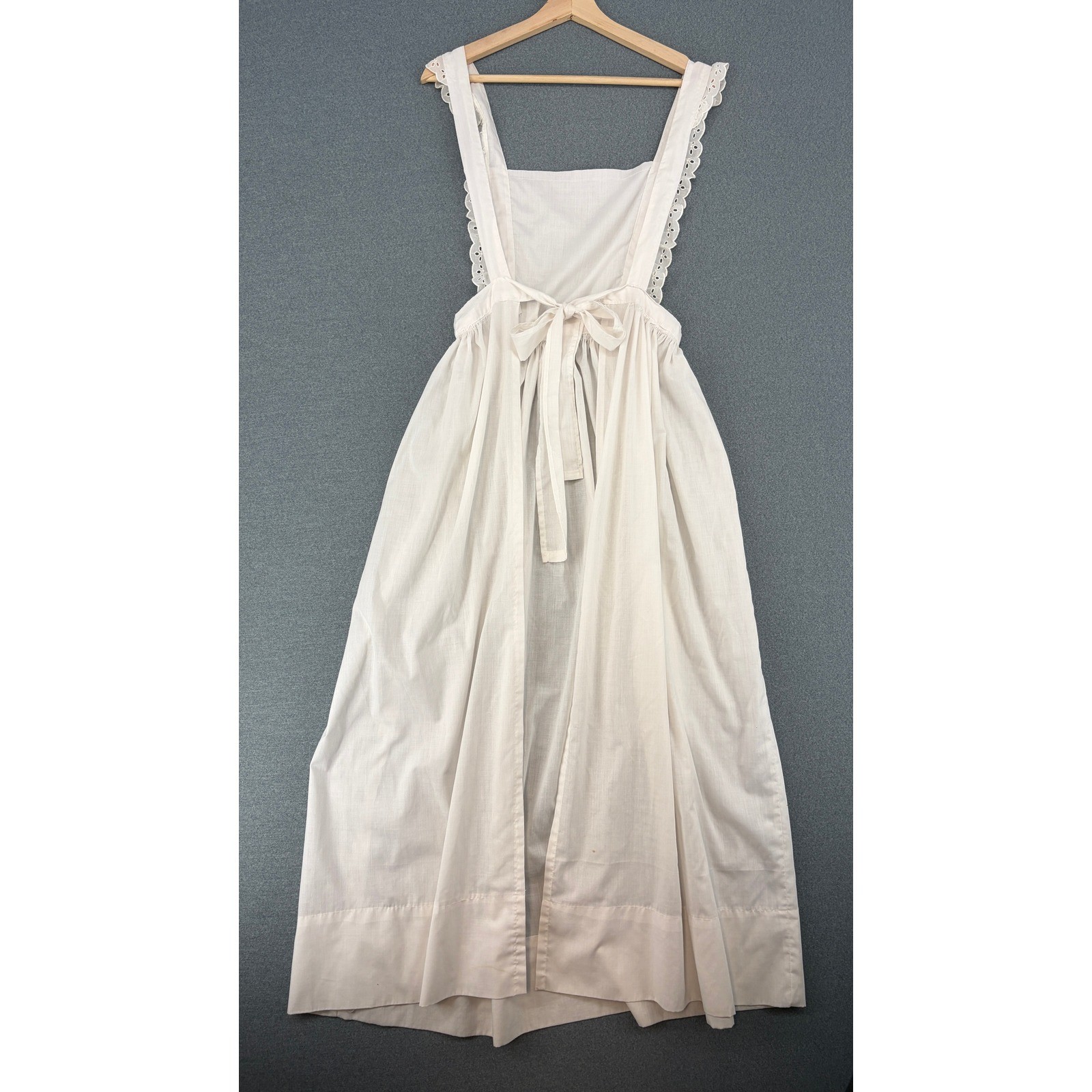 Vintage White Eyelet Lace Pinafore Apron Dress Cottagecore Prairie Maxi S/M FLAW