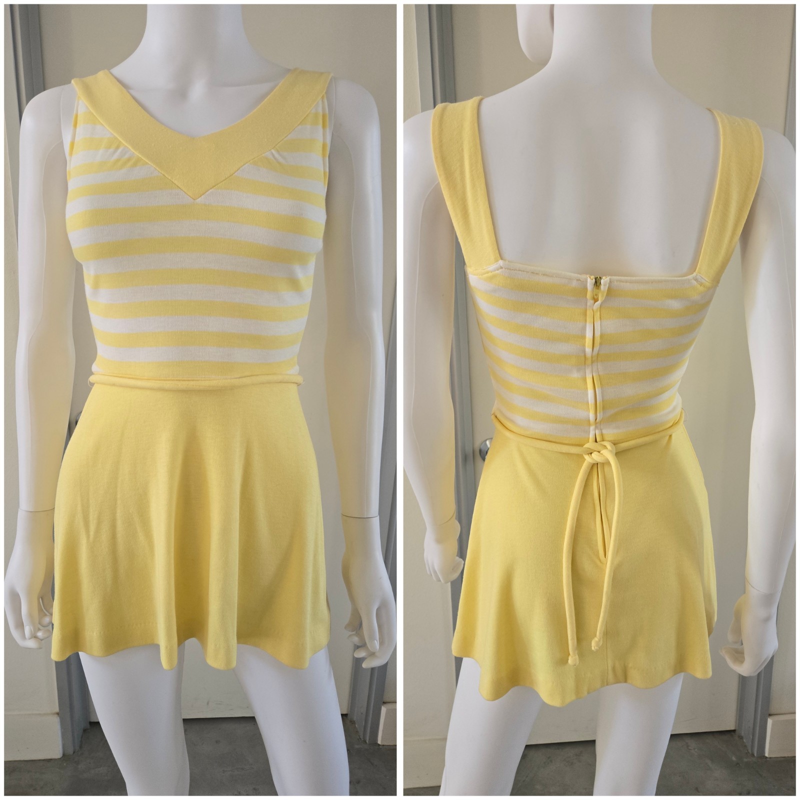 Vintage 70s 80s Tennis Dress Cotton Striped Mini Yellow Preppy Palm Royale Union