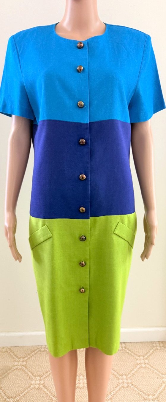 Vtg. SAKS FIFTH AVENUE Rayon/Linen Blend Color-Block Dress Size 10