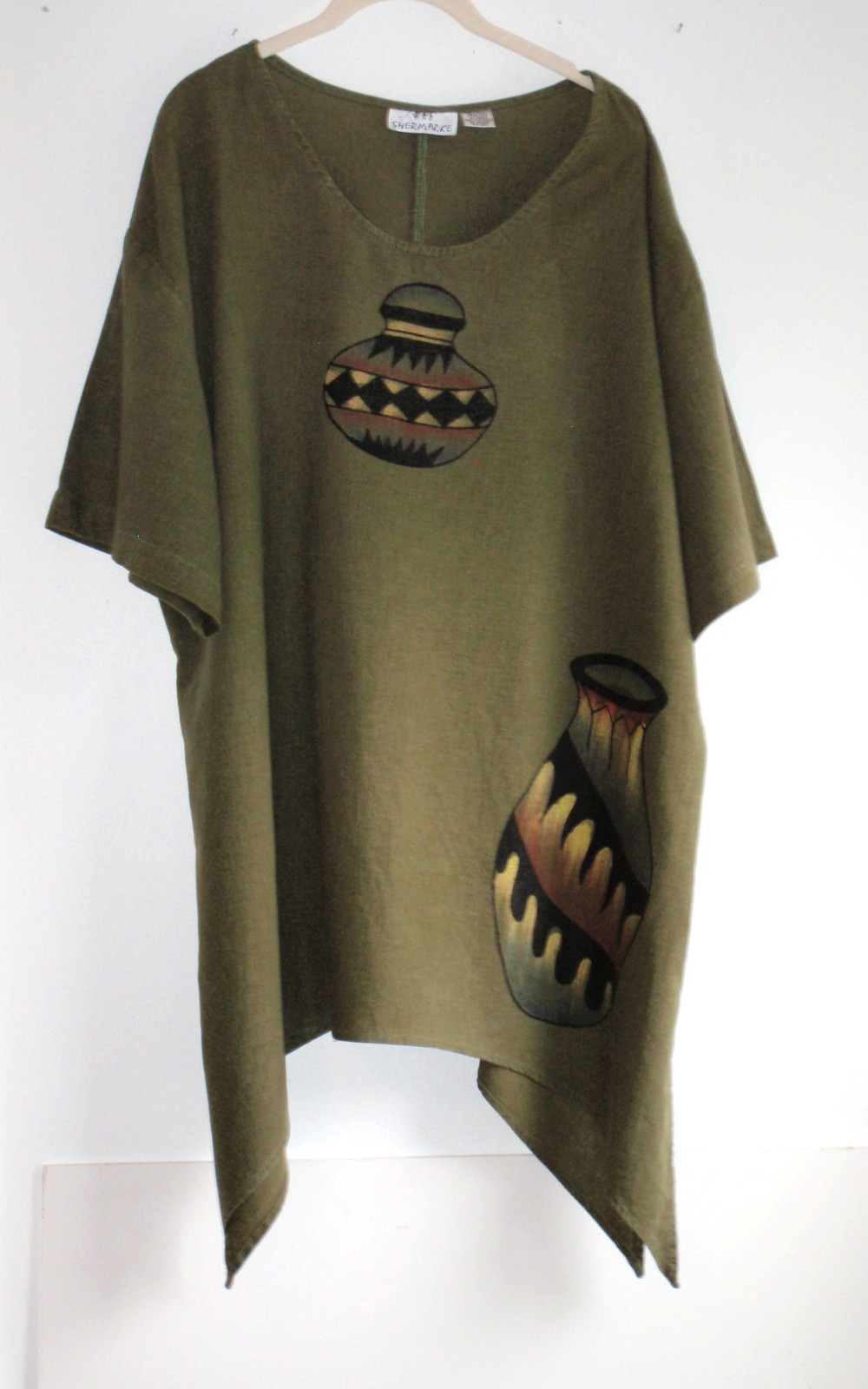 VTG 90s Kaftan Shermarke Linen Boho Ethnic Free Size Olive Green Pottery Print