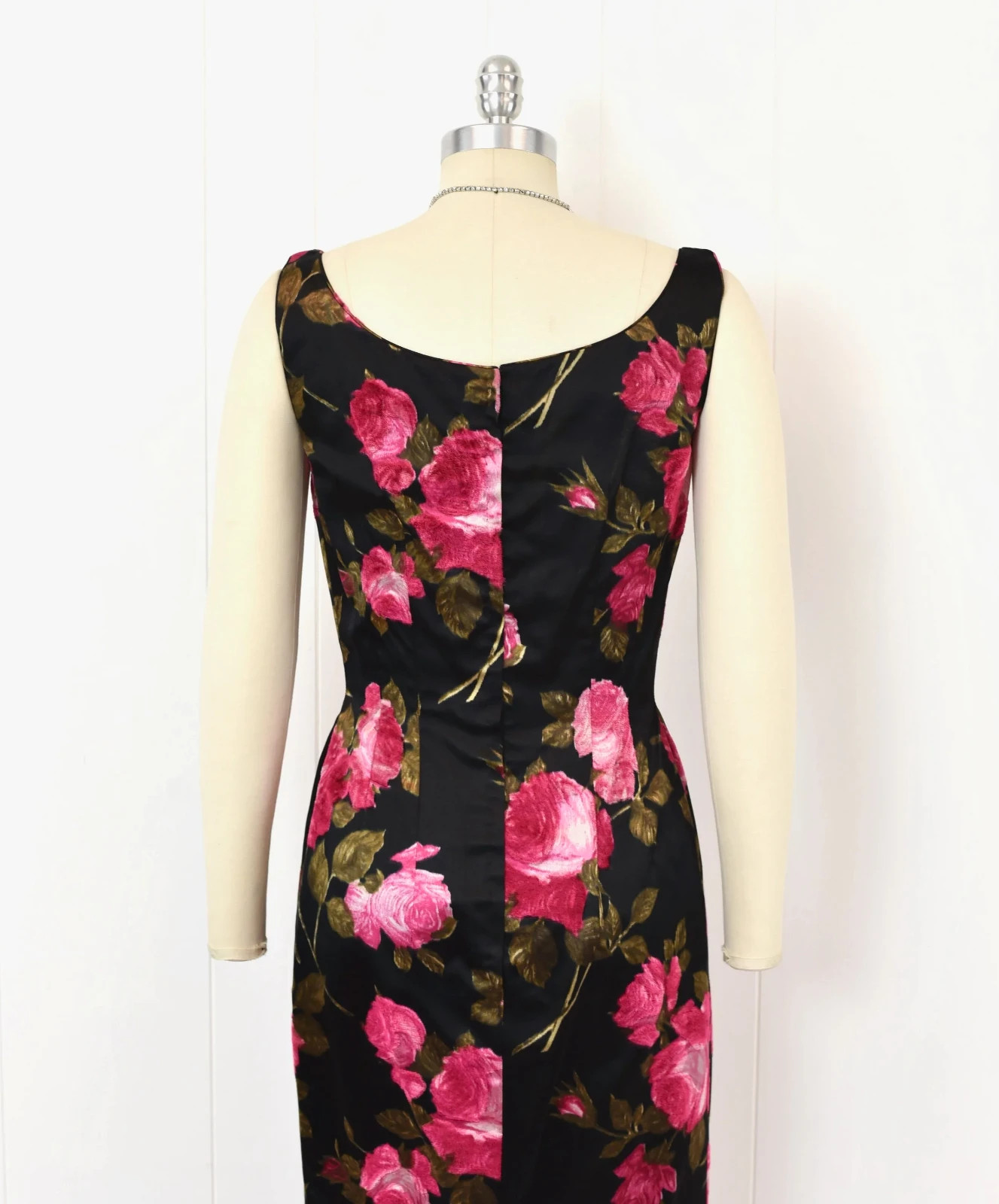 Vintage 1960s Mr. Blackwell Pink Floral Black Silk Gown Dress with Matching Wrap