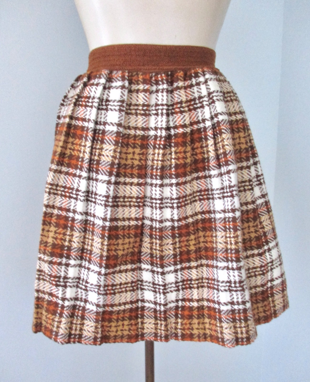 Vtg 60s 70s Rust Brown Plaid Skater Brady Mini Skirt Acrylic Tweedy Flannel S/M