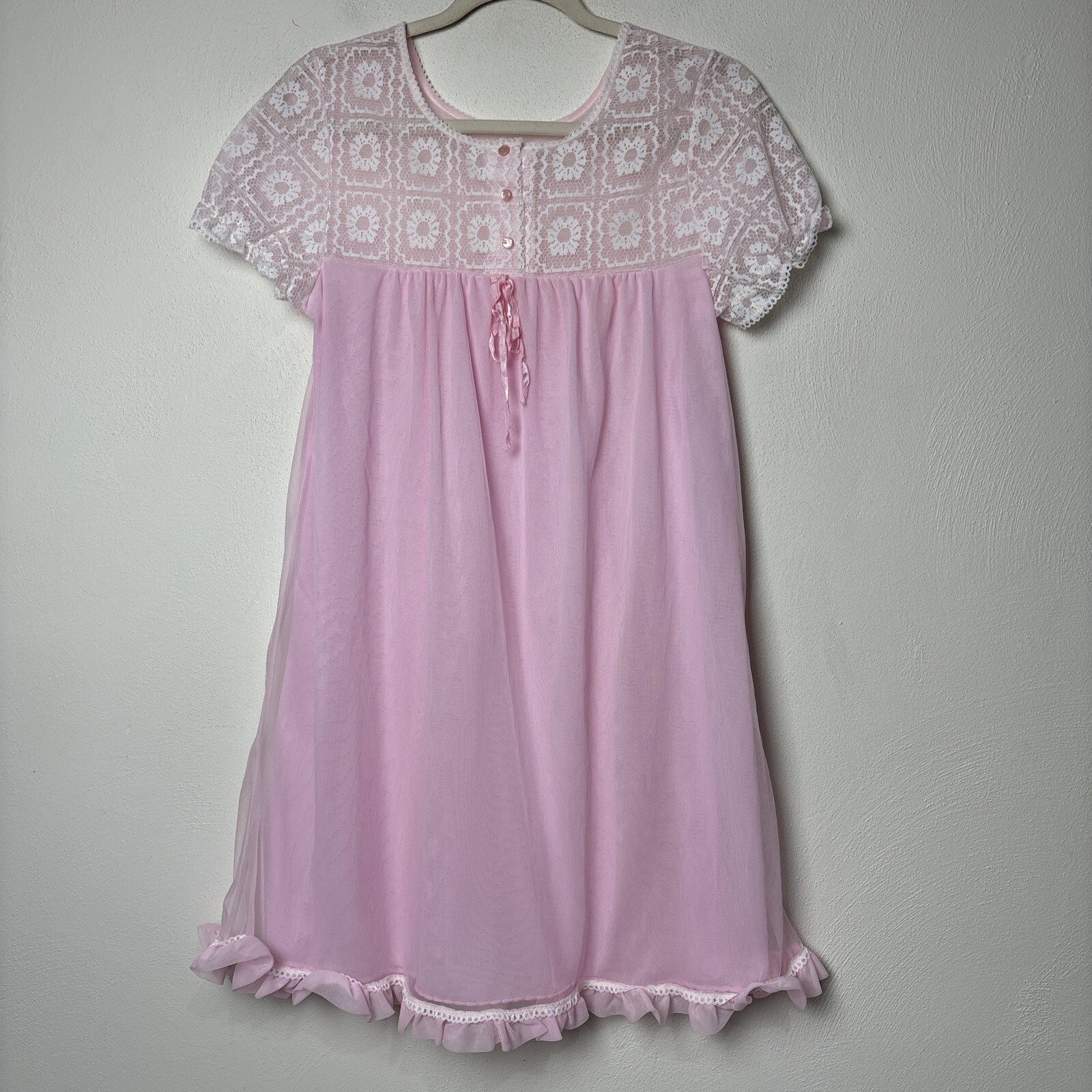 Mary Lyn VTG Lace Nylon Sheer Overlay Sleepwear Nightgown SMALL Pink Midi fairy