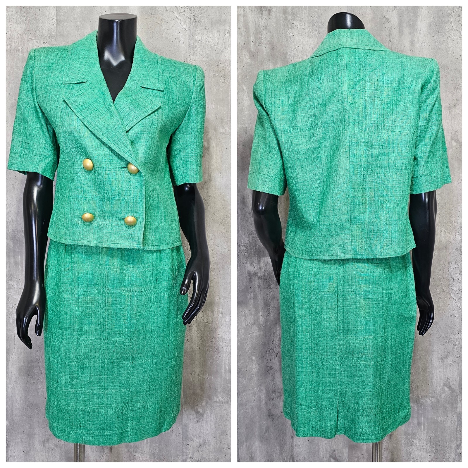 Vintage 80s Yves Saint Laurent Green Skirt Power Suit Career Casual Gold Buttons