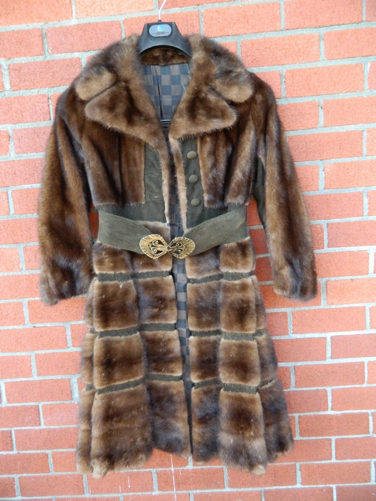 Vintage Real Mink Fur & Suede Metal Belted Coat Mod Paneled Design AS IS Medium