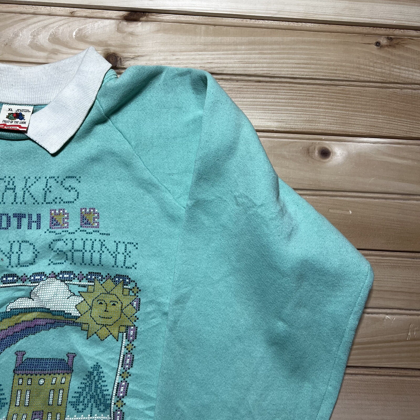 Vintage 80s Granny Core Rain And Shine Make Rainbow Needlepoint Sweatshirt – XL