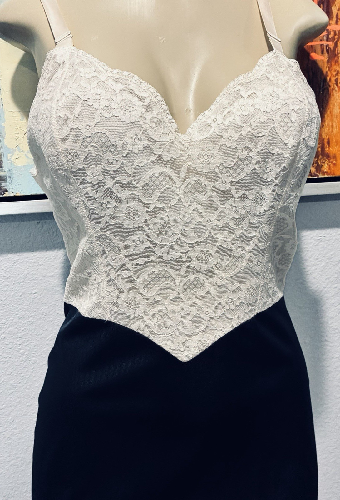 Vtg Vanity Fair Tuxedo Ivory Lace Black Dress Nylon Slip 34 S