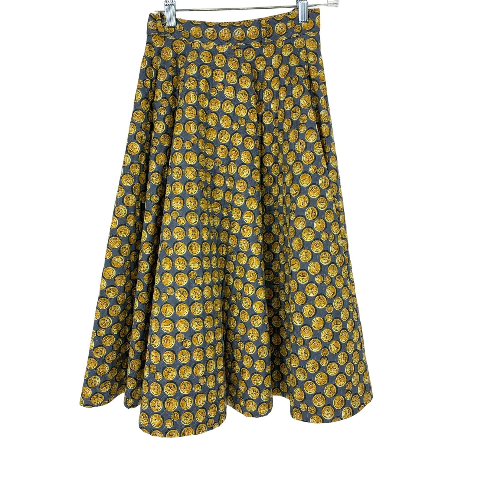 Vintage 50s Women’s XXS/XS Quilted Coin Print Novelty A-Line Skirt Yellow Gray