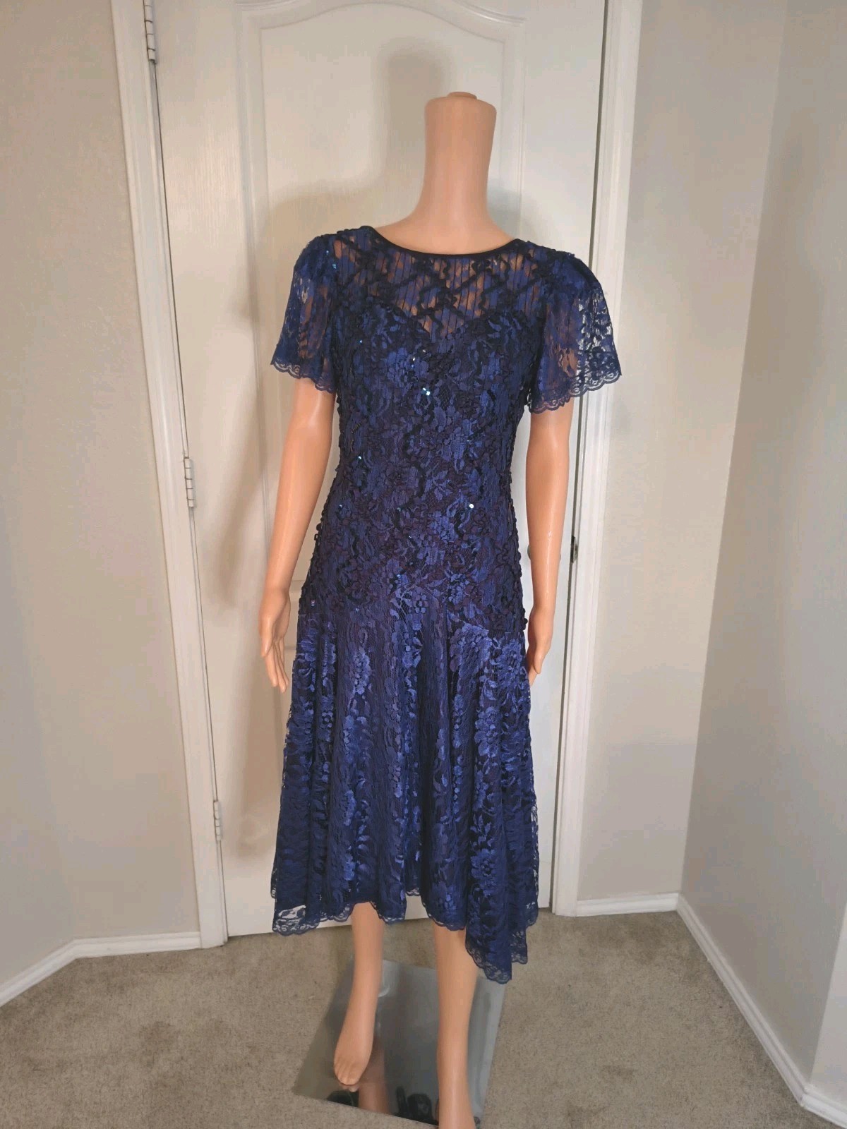 Vintage 80s Lace Drop Waist Dress Size 6 – Artsy Festival Sparkly Glam -DP29