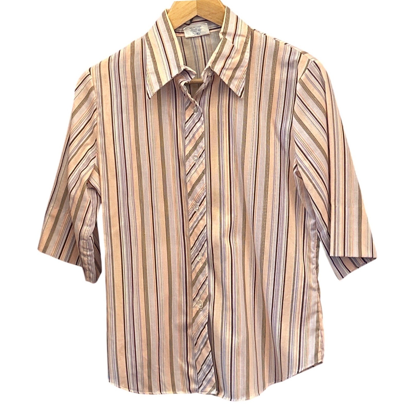 Vintage 70s Shirt Accent Striped Button Down Office Core Retro Preppy Academic
