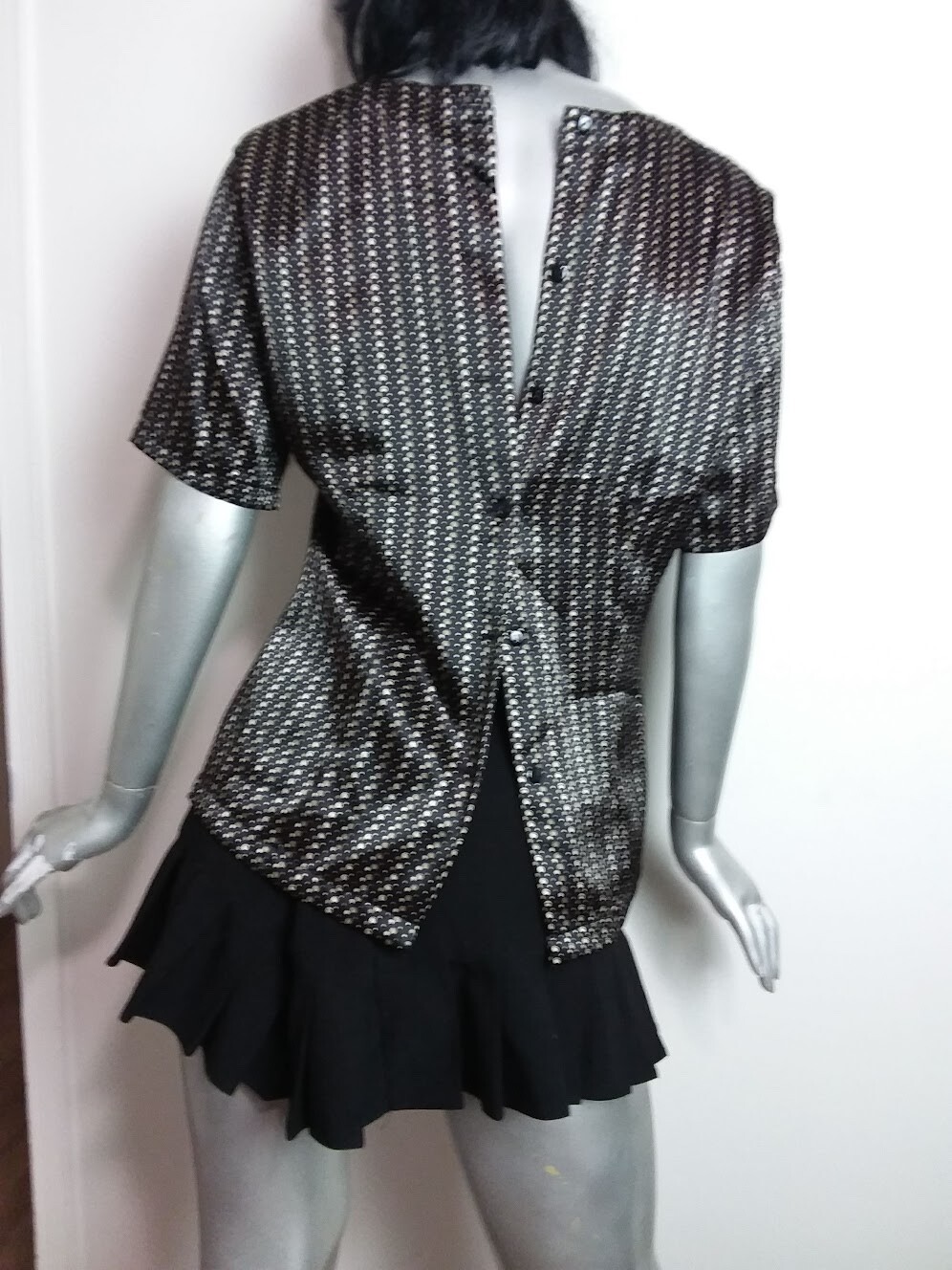 Christie & Jill Size 10 Blouse Black/Tan Polka Dots Short Sleeve Disco Vintage