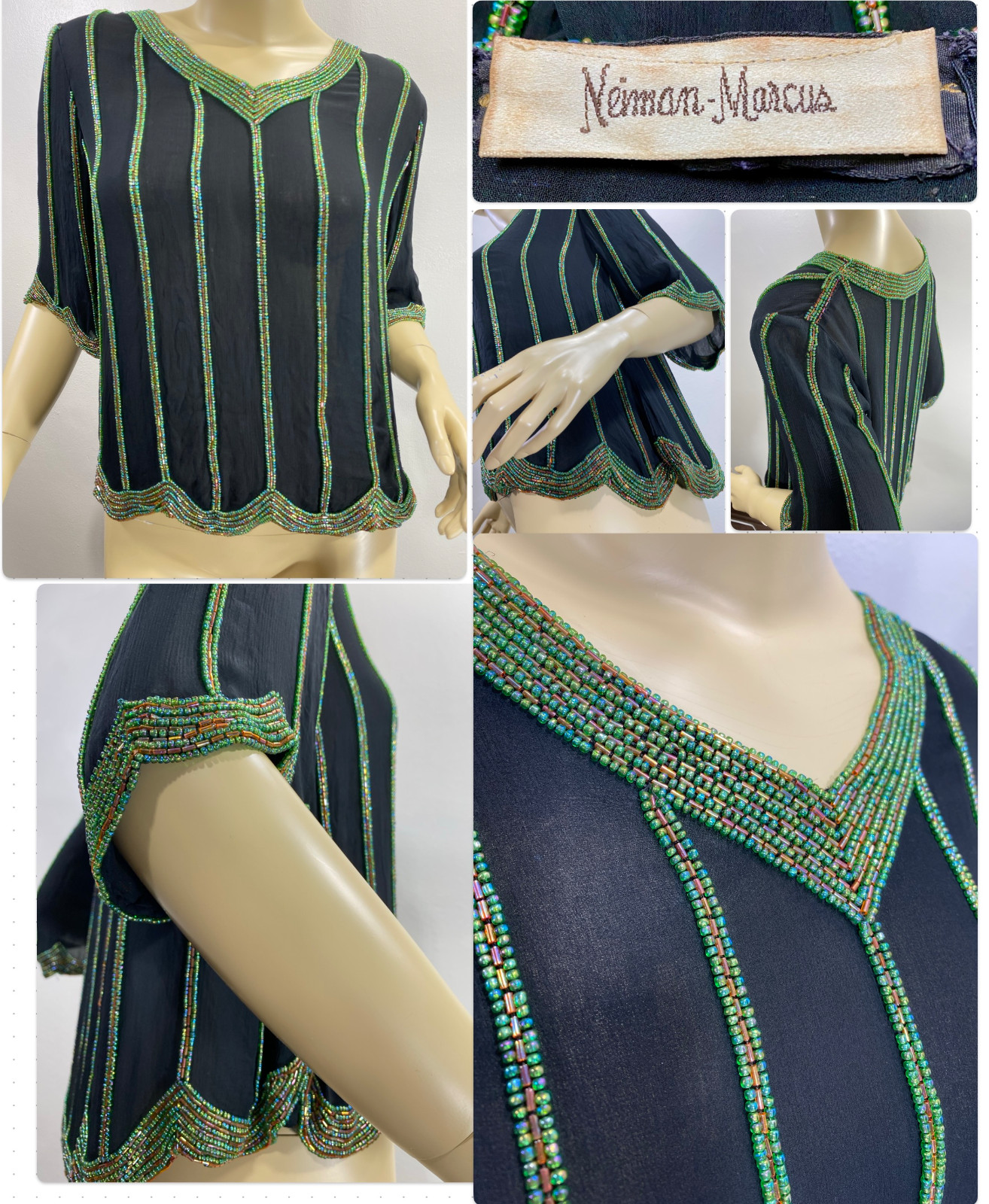 VTG 70s Nieman Marcus Judith Ann Creations SM 100% Silk Beaded Top Deco Gatsby