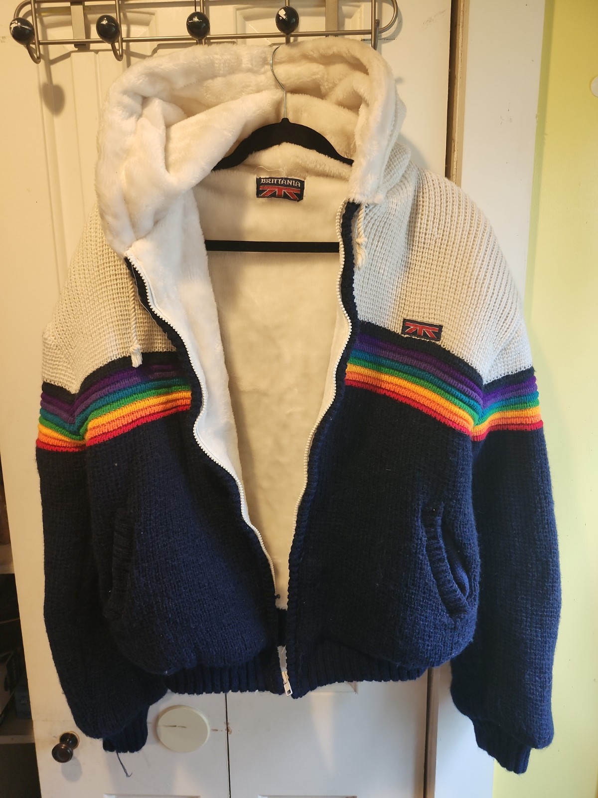 Brittania RAINBOW Sweater Blue Hooded Zip Up Jacket Fleece Lined Size