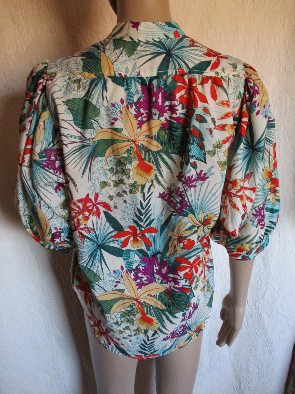 Edith Flagg Top vintage 70s CA USA Designer Orchid Blouse Floral Puff 1/2 sleeve