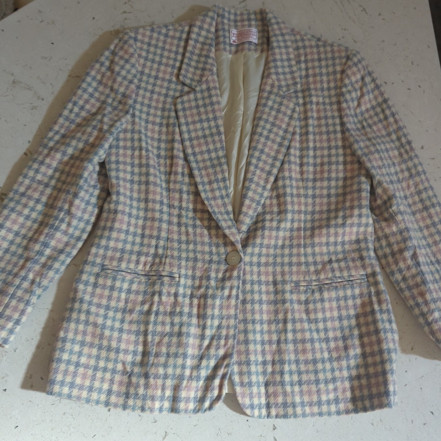 Pendleton Womens Size 12 Petite Cream Beige Plaid Wool Blazer Jacket