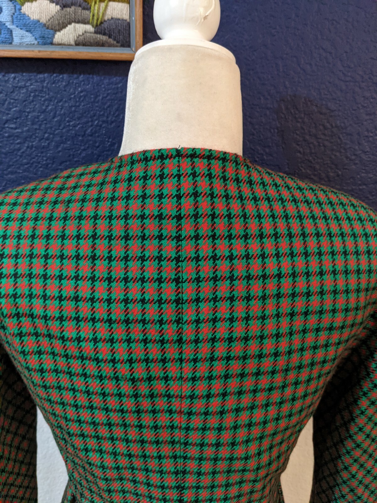 VTG Carlisle Green Red Plaid Collarless Blazer Jacket 100% Wool Sz 6 Small S