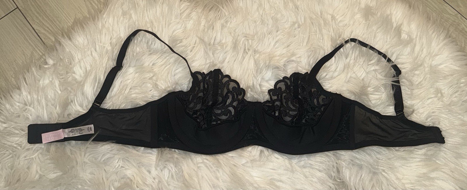 Vintage Victorias Secret Pink Label Lace Balconette Bra Sheer Womens 36B Black