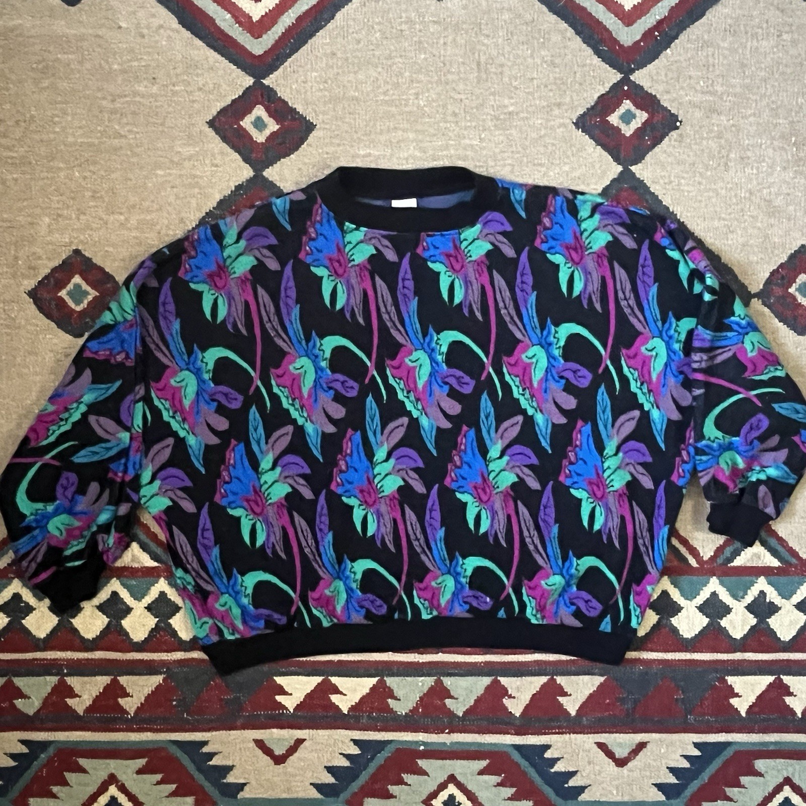 Vintage 80s Floral Dolman Batwing Sweater Women’s XL Acrylic Pullover
