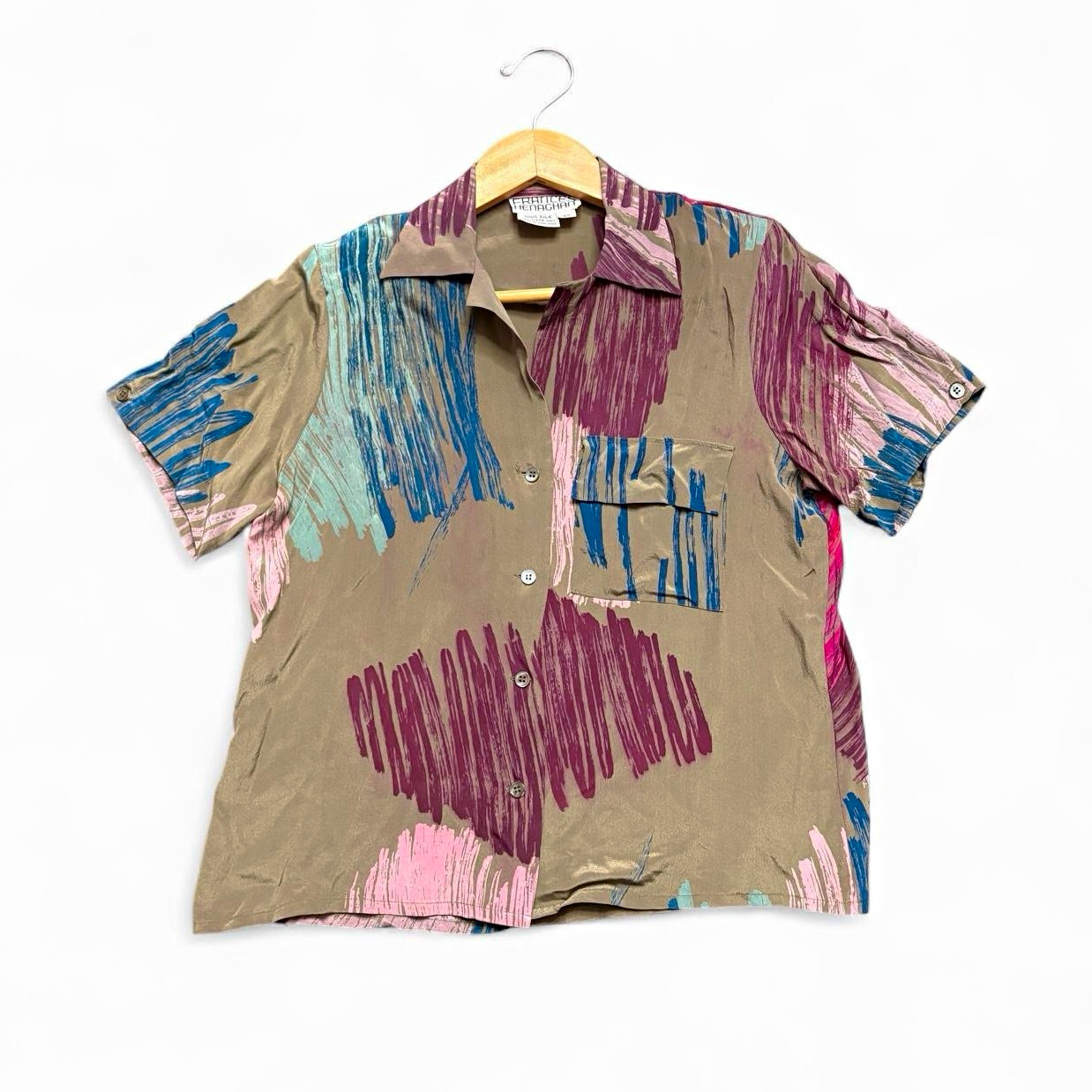 VTG Frances Henaghan Silk Indie Blouse Women’s M Abstract Art Shoulder Pads 80s