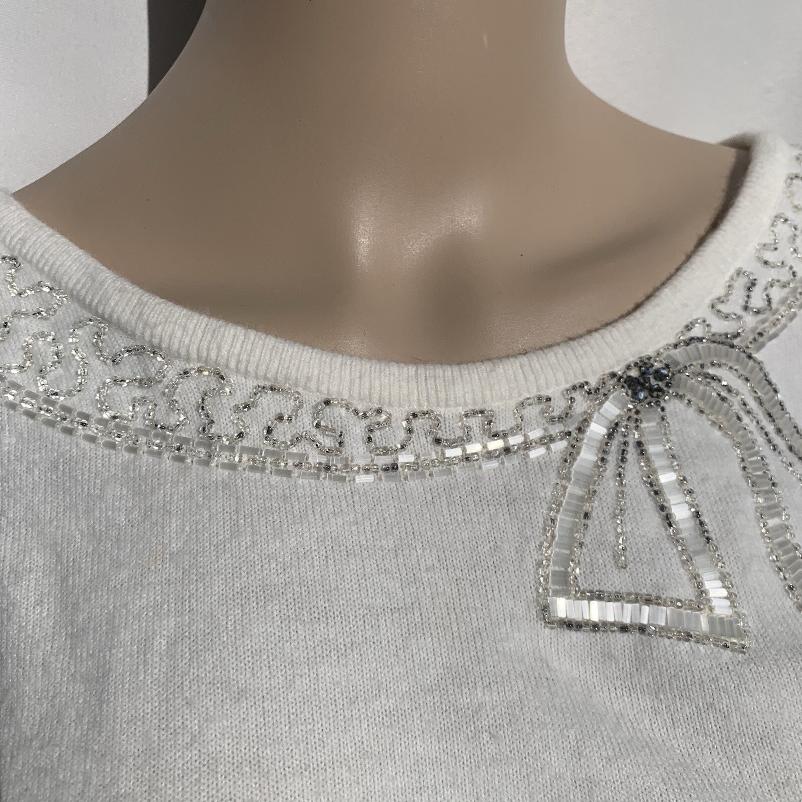 Vintage 50s 60s Beaded Rhinestone Bow Knit Sweater Top