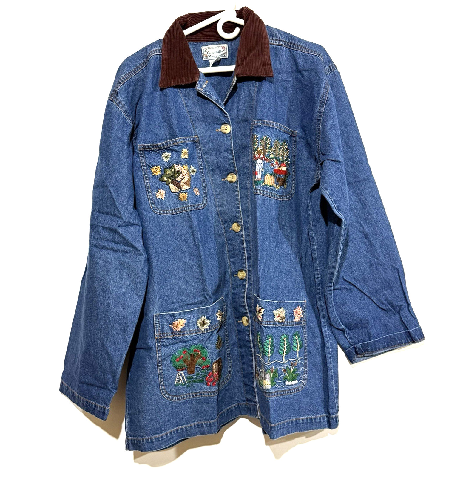 Vintage Barn Jacket Woman’s XL Denim Embroidery Fall Pumpkins Chore Work Grandma