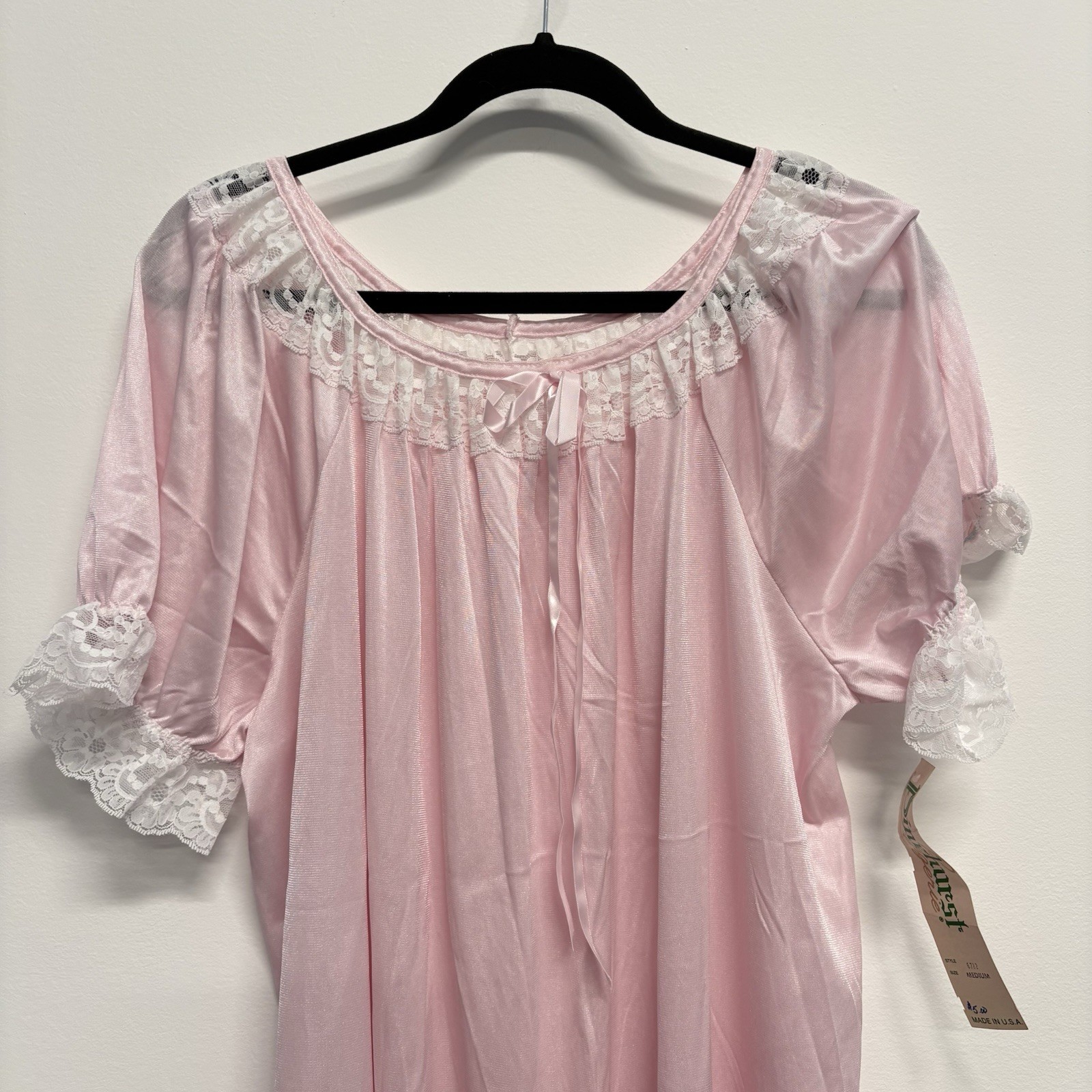 VTG NEW Nightgown MEDIUM Pink Nylon Lace Semi Sheer PINEHURST LINGERIE 60s Sissy