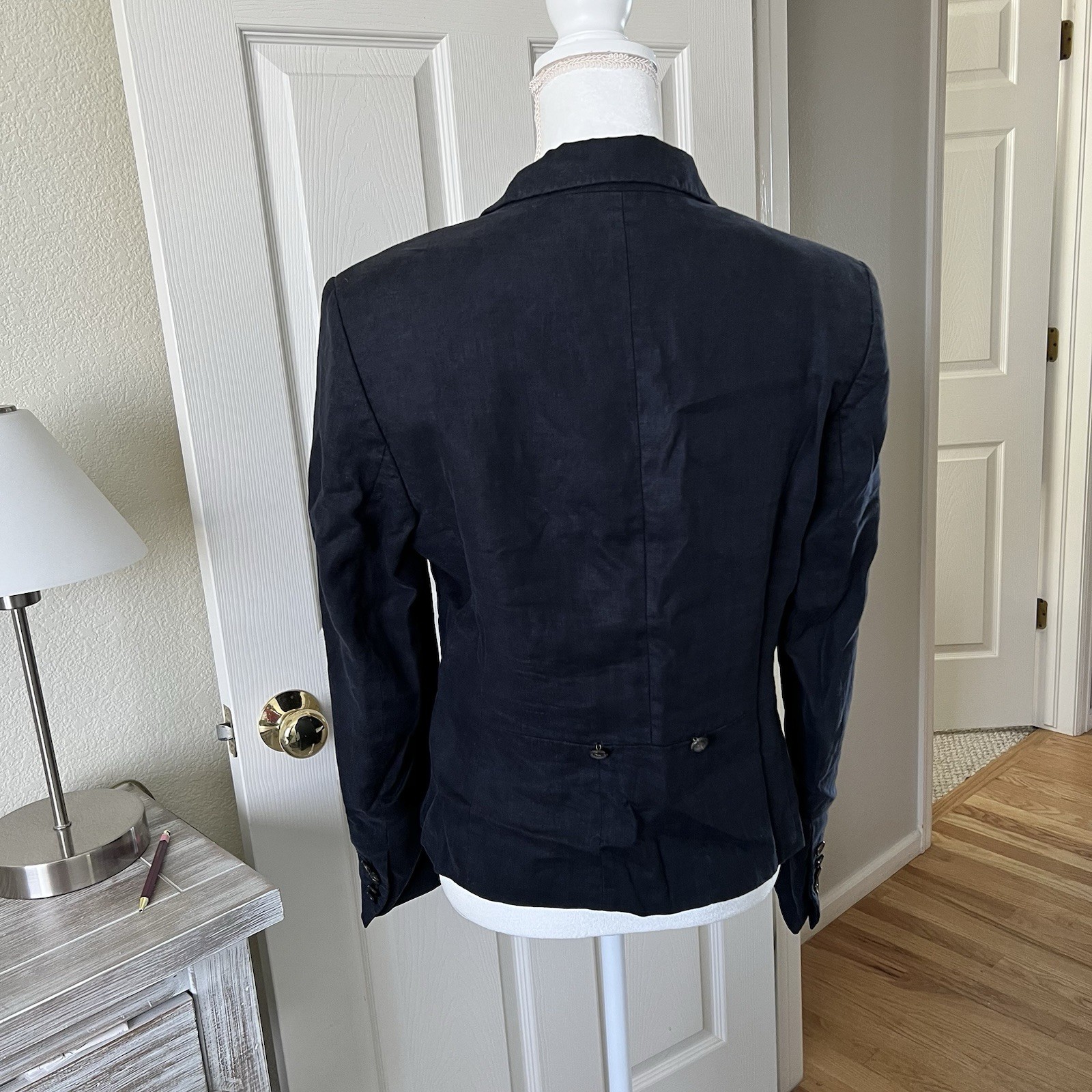 Vintage 90s European Linen Blazer Size 8-10 Fitted Flare Silhouette Navy Blue