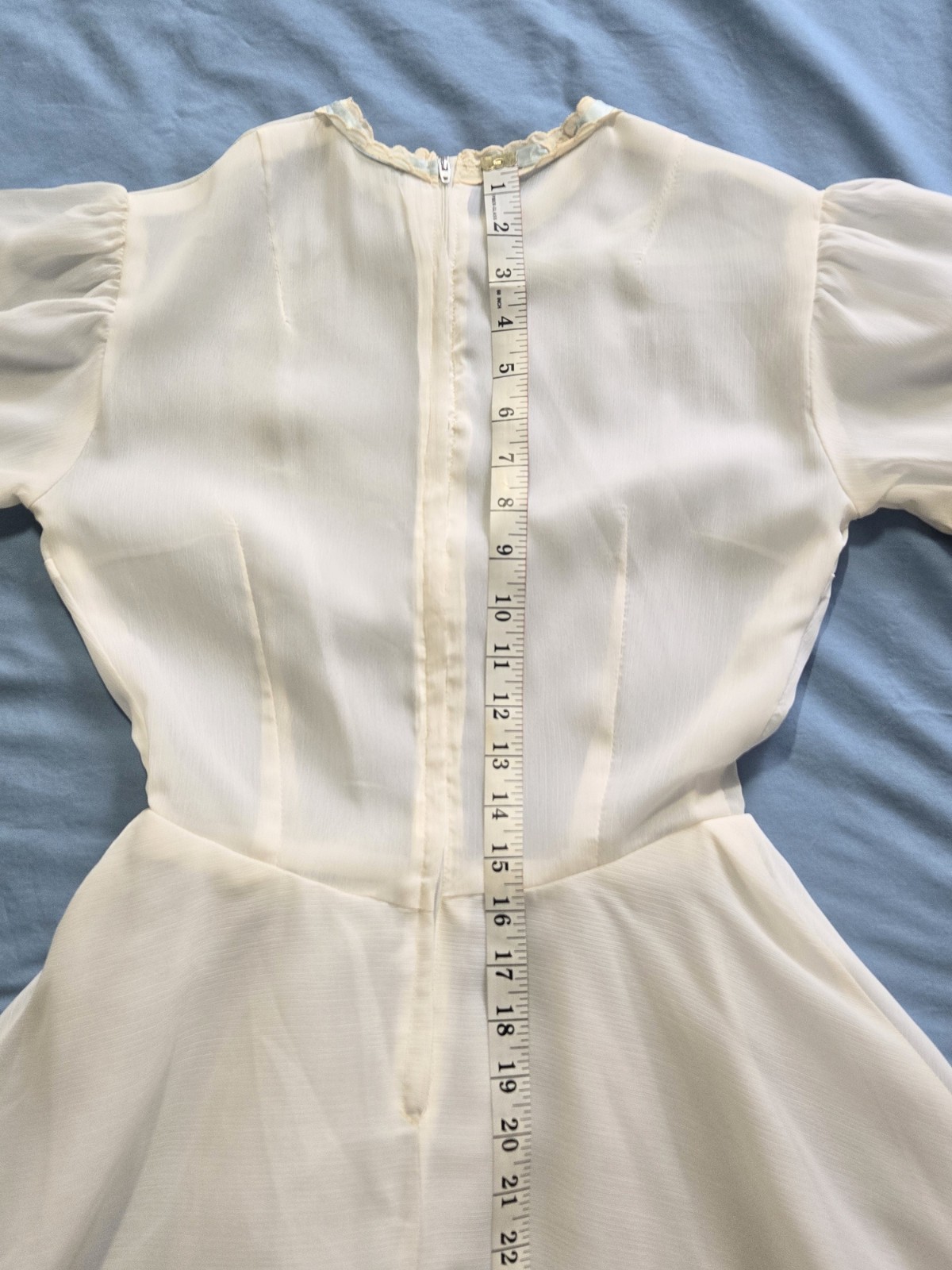 Vintage Simple White Puff Sleeve Circle Skirt Dress with Blue Ribbon Handmade