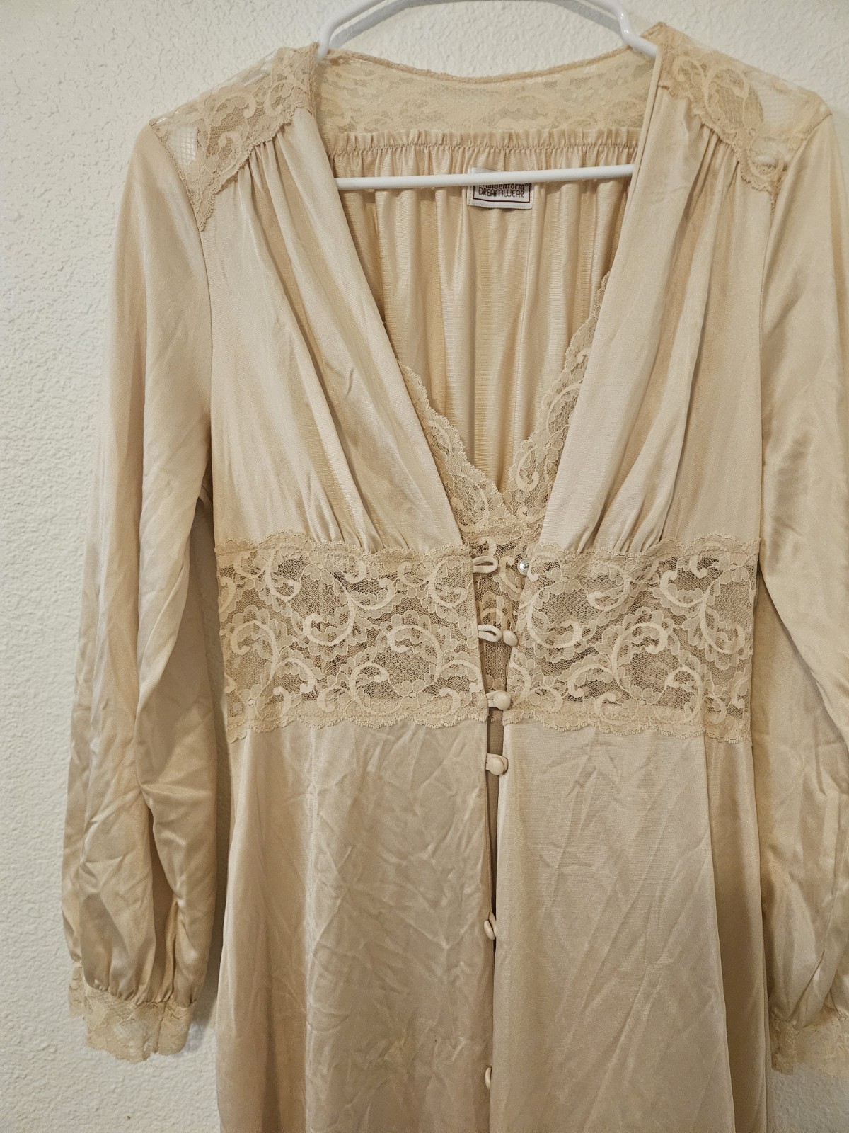 ​VTG 70s Maidenform Dreamwear Peignoir Set M Tan Beige Nylon Lace Robe Gown USA