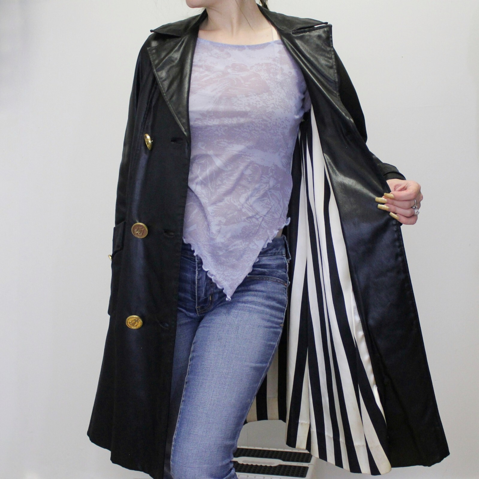 Vintage 60s Gothic Mod Black Satin Trench Coat by Count Romi Double Breasted