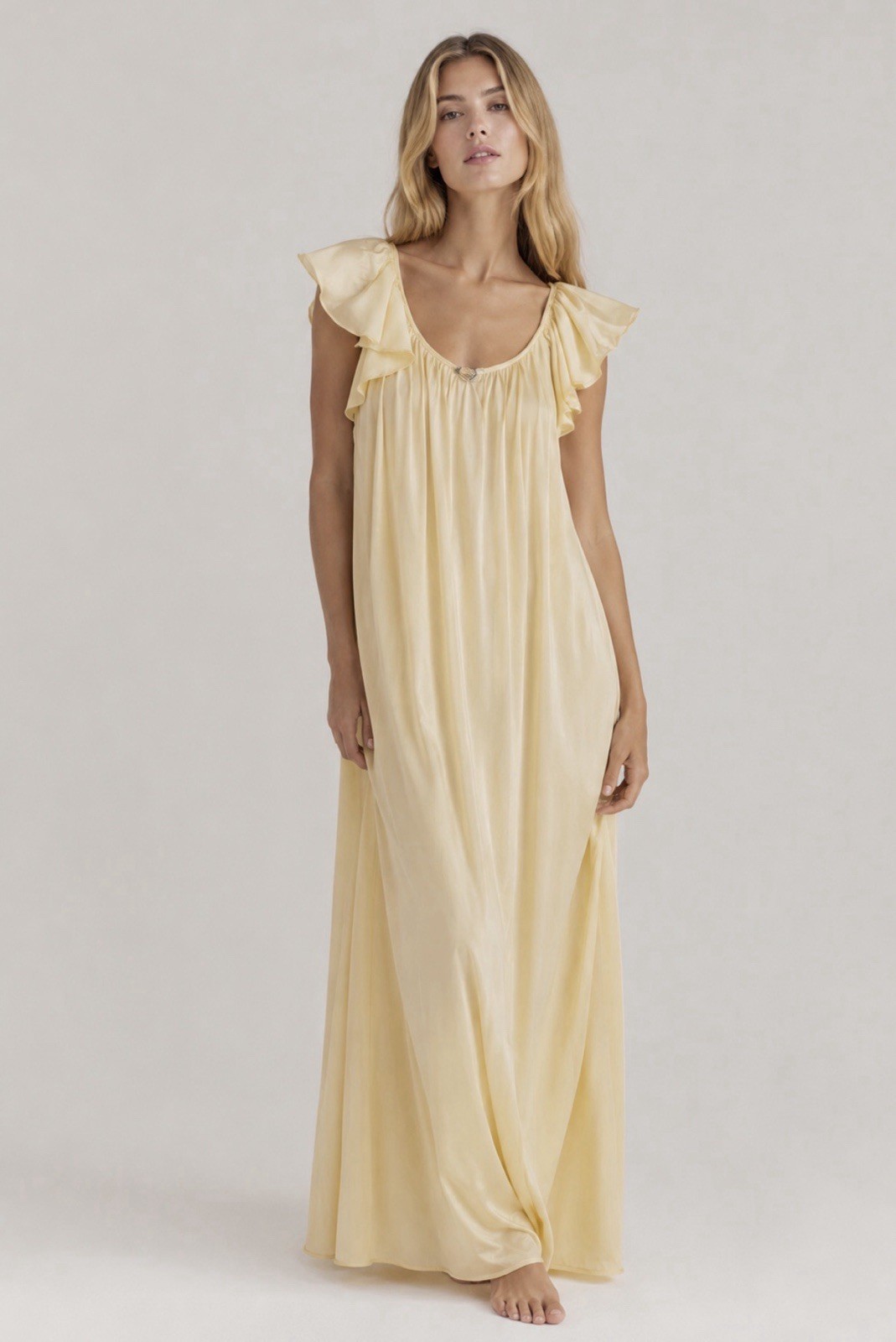 VTG ML Miss Elaine Pegnoir Yellow BUTTER SOFT Nylon Nightgown Gown Ruffled Sz L