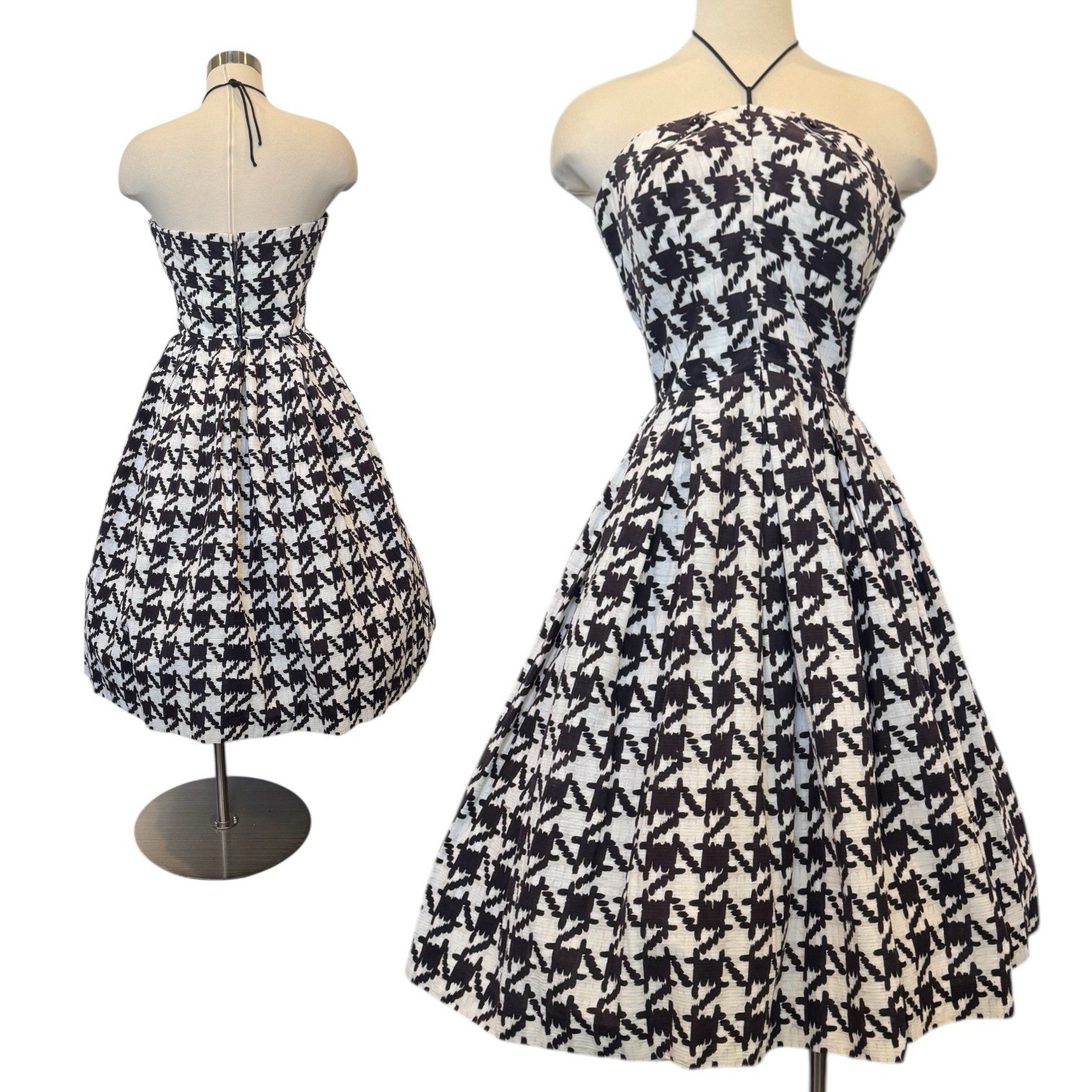 Vintage 50s Houndstooth Check Strapless New Look Fit & Flare Party Dress Town M