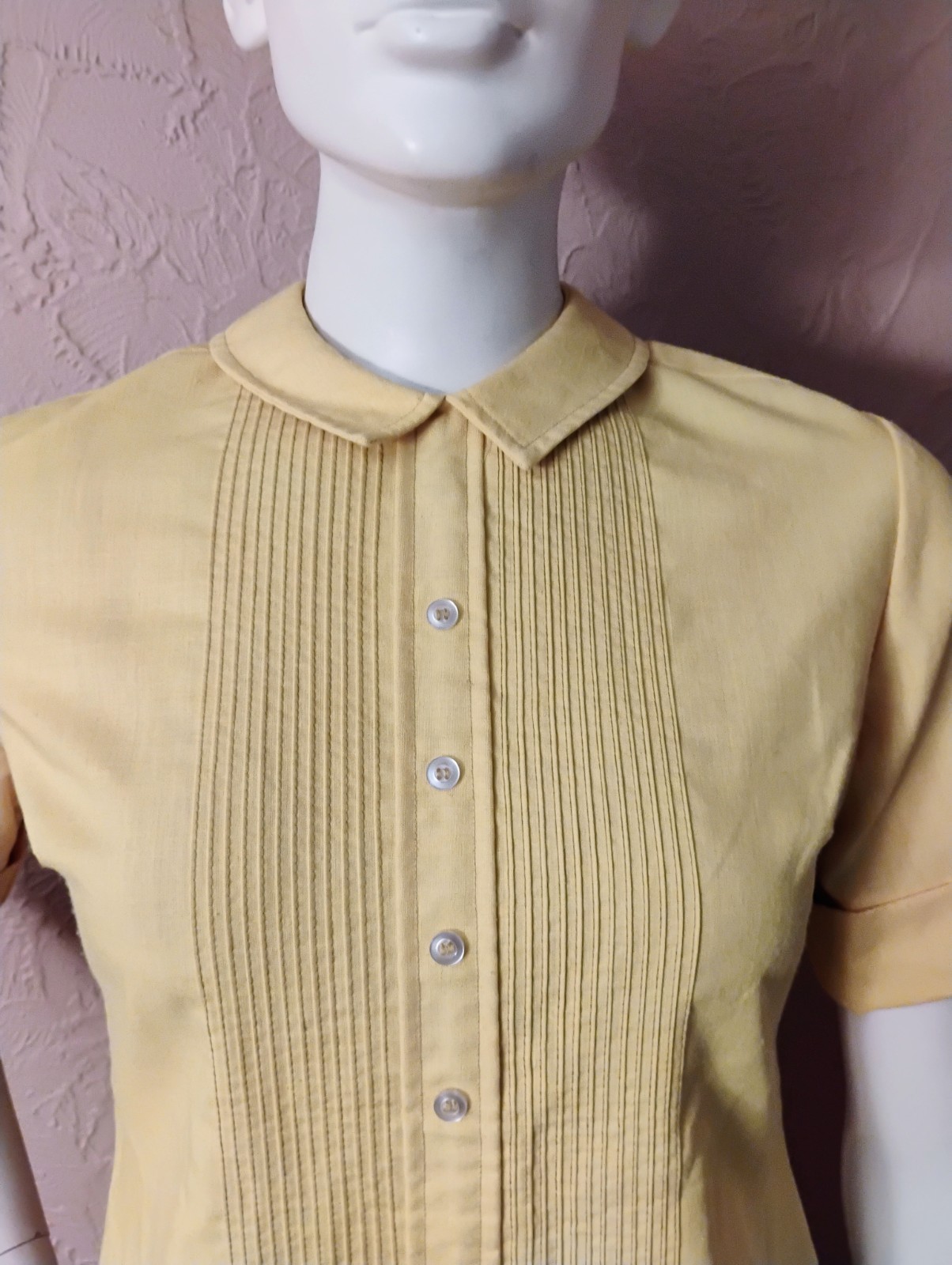VTG 1970’s „the Art Shirt” Yellow Linen Pleated Ribbed Front Shirt Dress 9-10