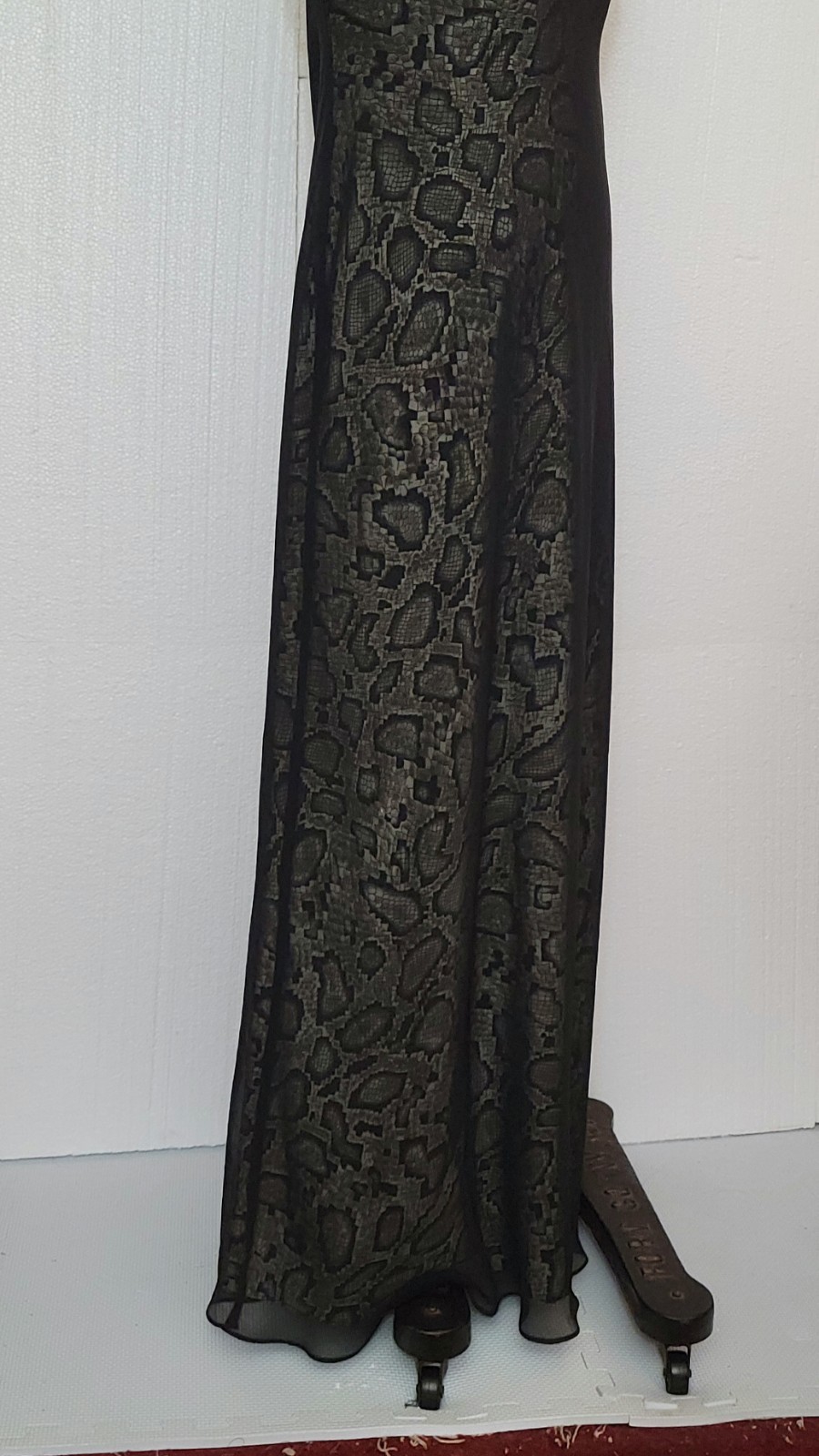 vintage 1990s one shoulder maxi snakeskin slip dress / black chiffon overlay