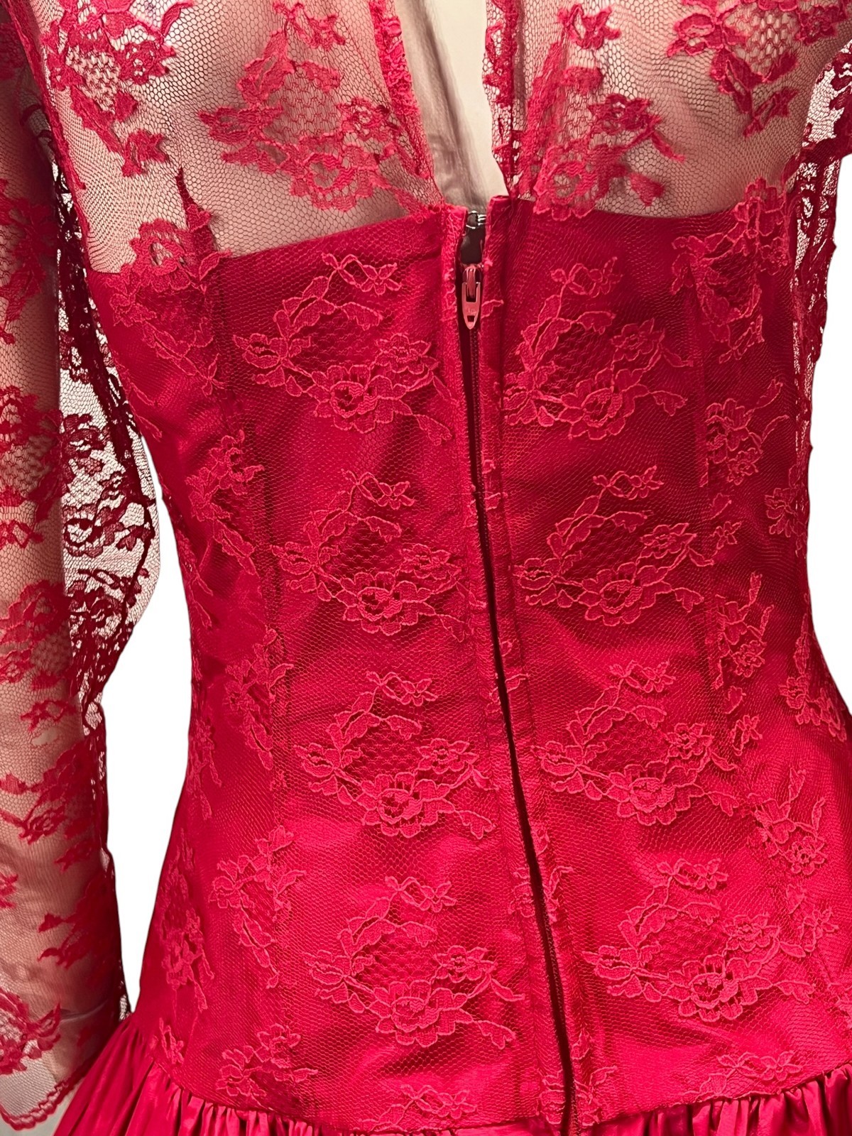 Vtg 80s Sz M~L Red Taffeta Satin Lace High Low Prom Dress