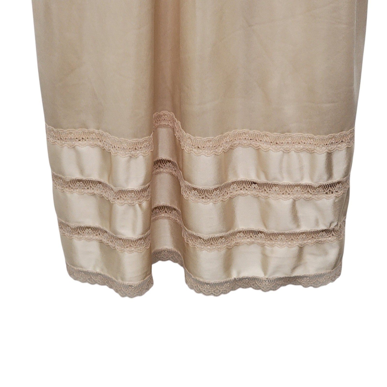 Vintage 90s Nude Silk Satin Midi Slip Dress Lace Hem Neutral Coquette 34 Small