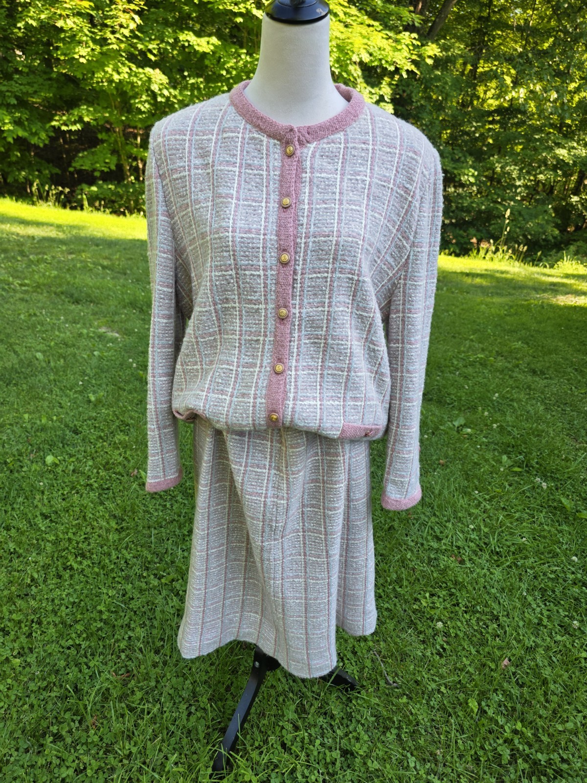 Vtg Castleberry Knits Skirt Suit Set Boucle Tweed Pink Cream Plaid Plus Mohair