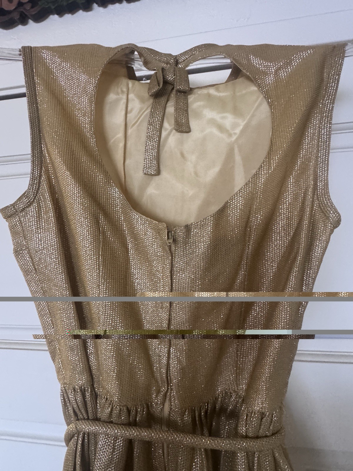 Vintage 1960s Metallic Gold Lurex Cocktail Party Dress – Cut-Out Bow Back S/M