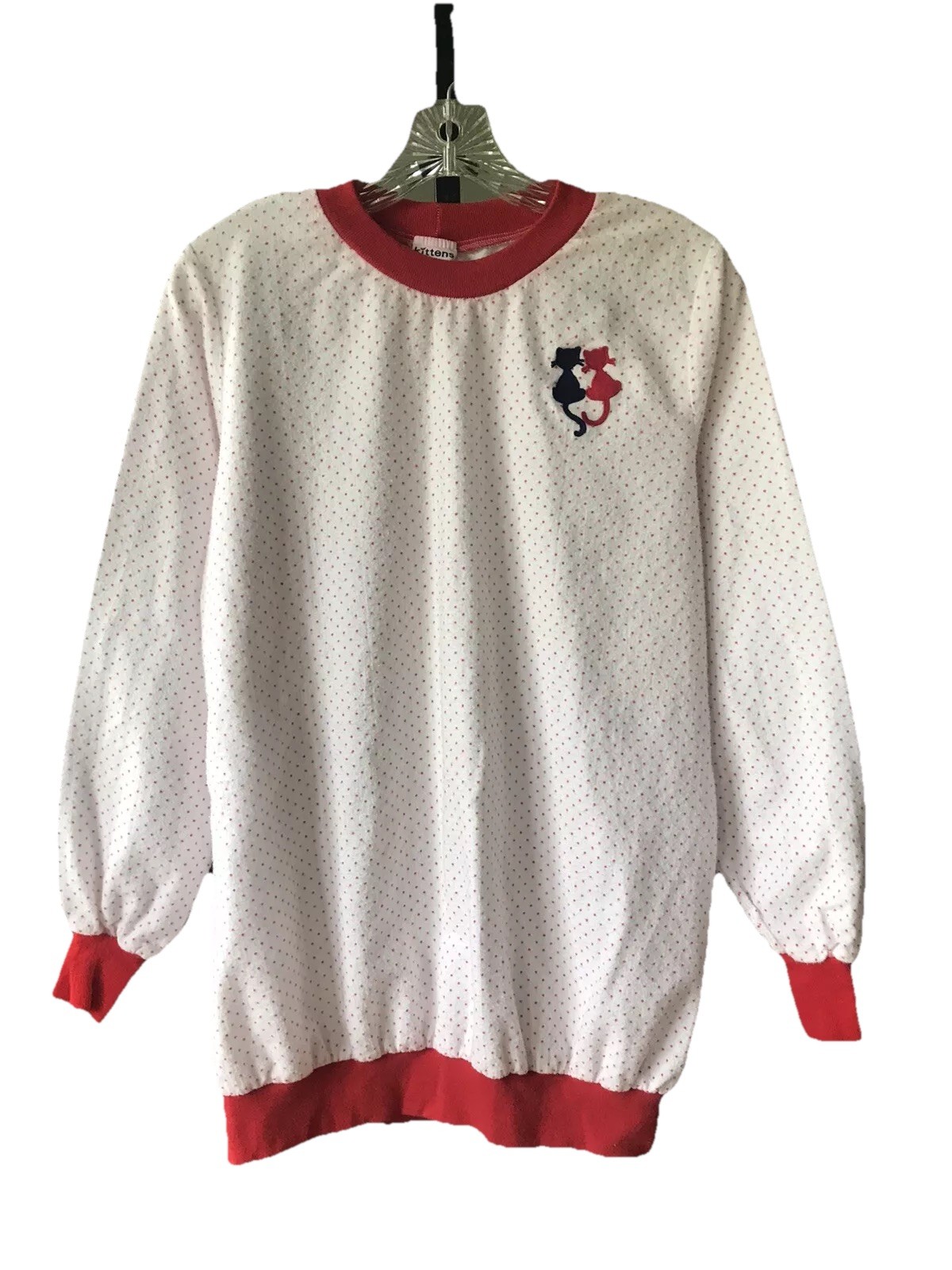 KITTENS BY KATZ LARGE OVERSIZED VTG NITE SHIRT RED POLKA DOTS TRIM CUFFS COLLAR