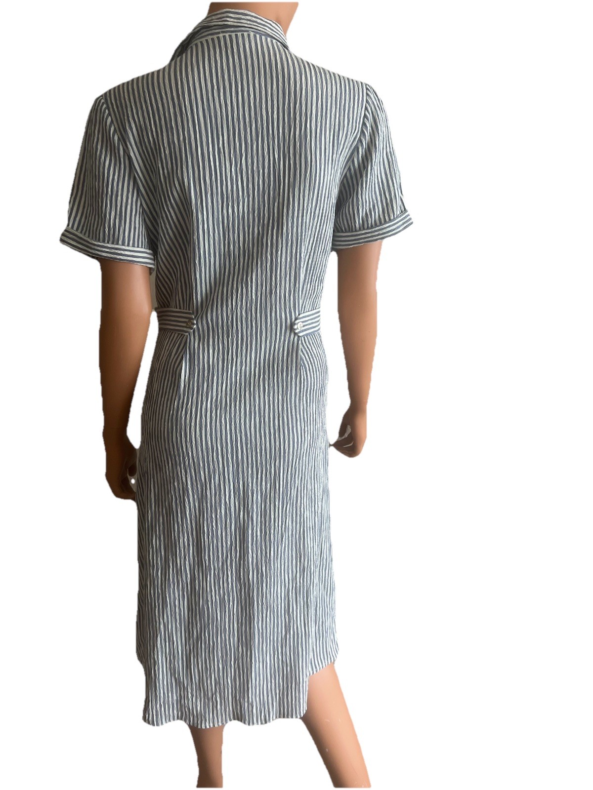Vintage 80s 90s Seersucker Midi Dress Striped Uniform Style Crochet Lace Med