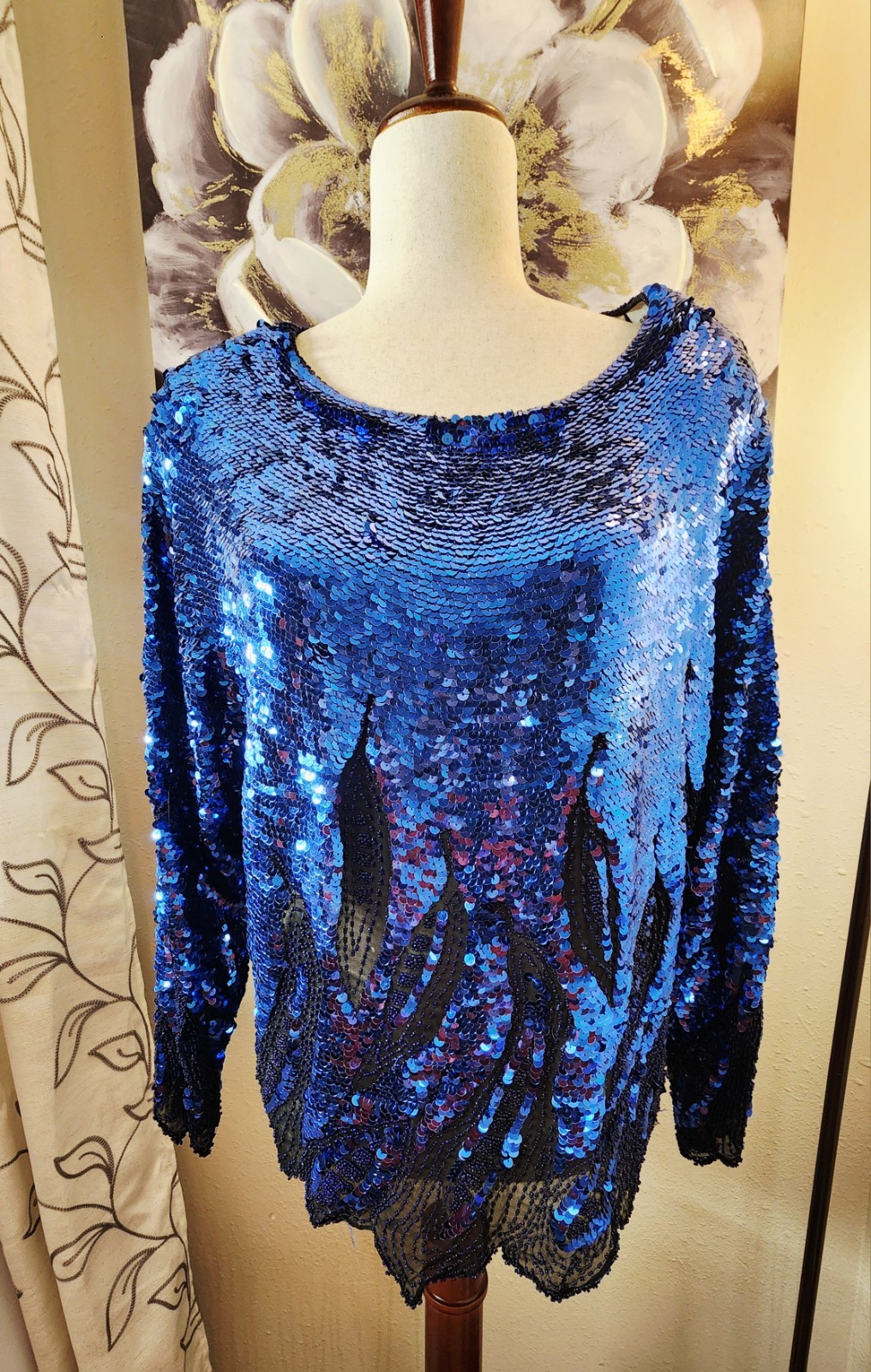 Vintage Oleg Cassini Black Tie Blue Sequin Flame Top XL Silk Beaded Trophy…
