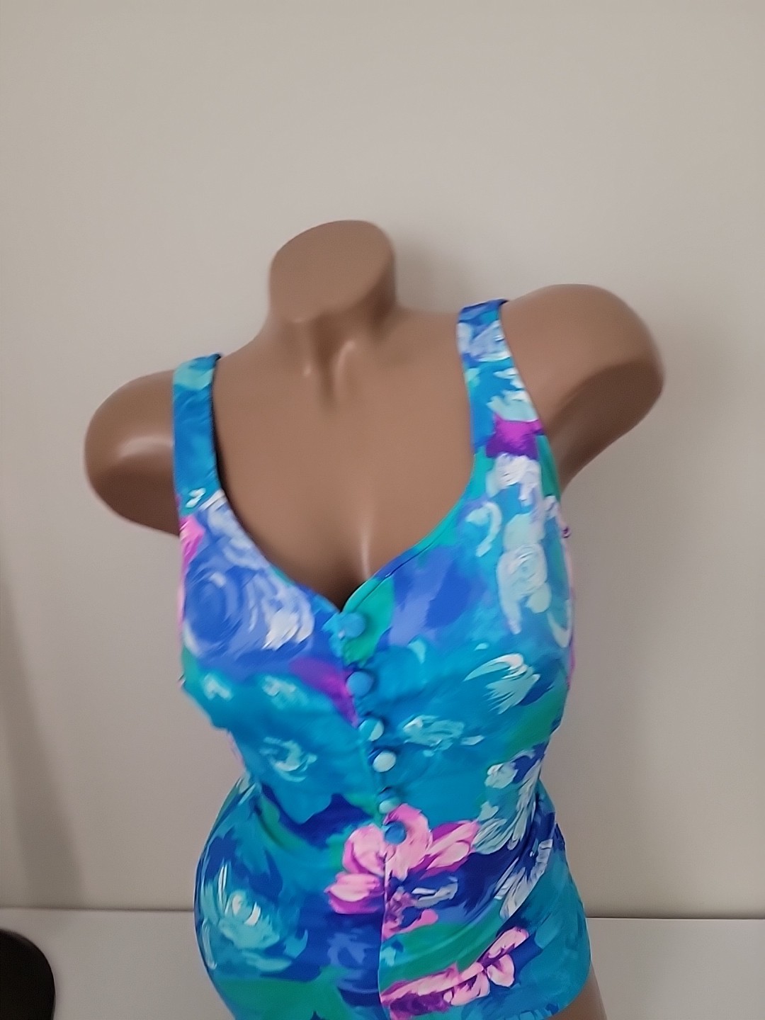 VTG Maxine Of Hollywood Floral One Piece Swimsuit Ruched Blue Pink Pinup 12