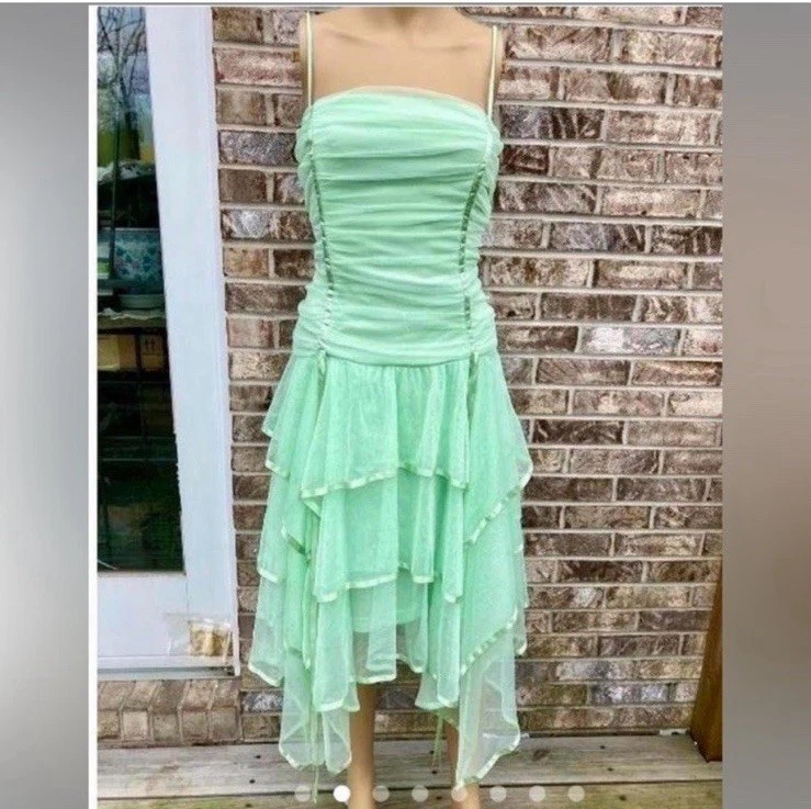 Vintage 90s Mint Green Tinkerbell Ruffle Mesh Midi Formal Fairycore Dress