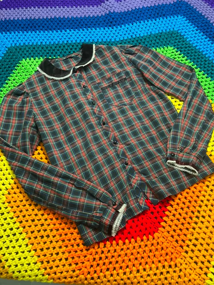 70’s Vintage Red Blue Black Plaid Velvet Collar Blouse Prairie Western Top *FLAW