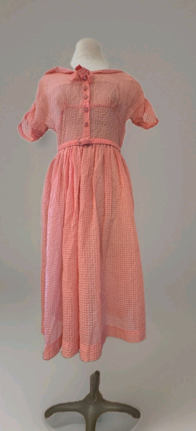 Sheer 1950s dress peach bow gathered sleeves s/m original belt diamonte buttons