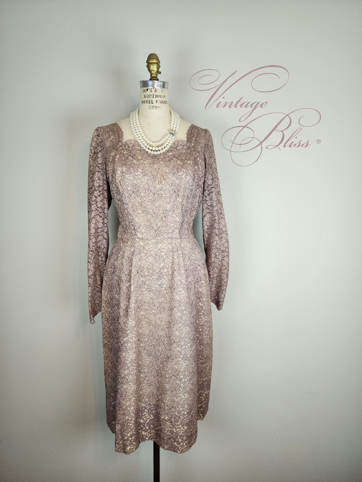 Vintage Late 1940’s Mauve Lace Over Champagne Satin Cocktail Dress with Godet