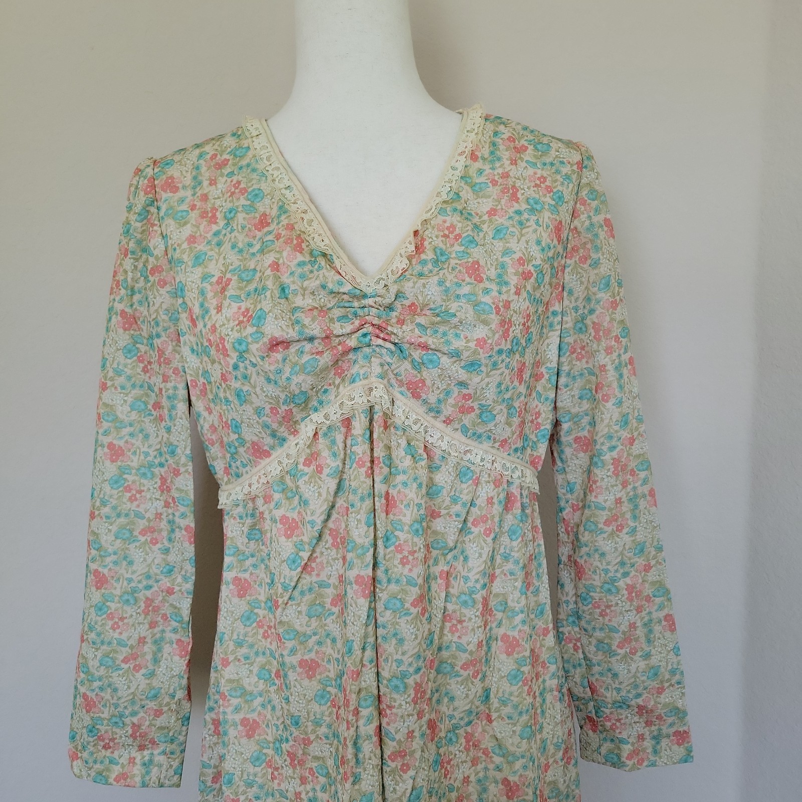 Vintage 70s Womens Maxi Dress Sz L Babydoll Hippie Ditsy Floral Lace Peasant