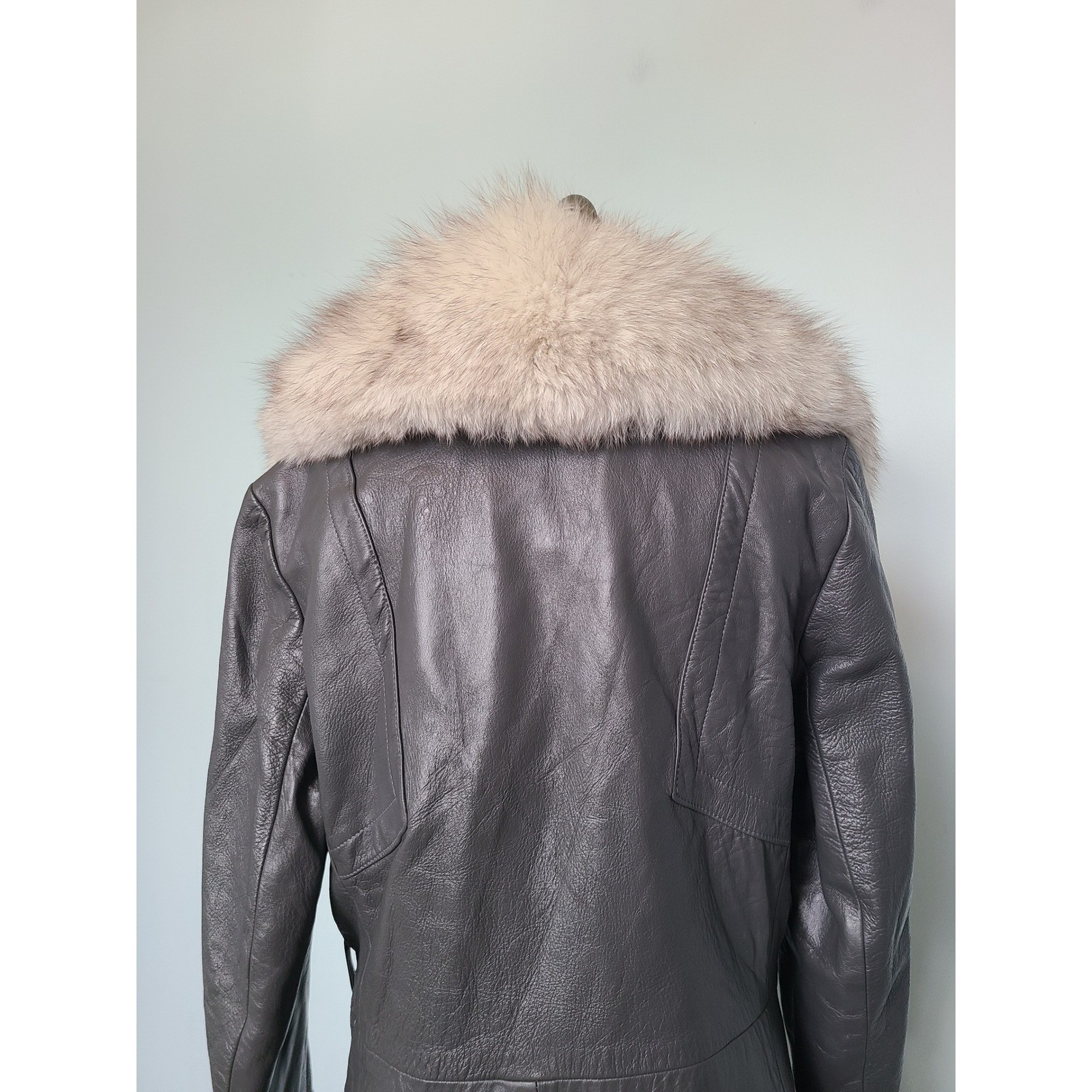 VTG 24K Leather Dan Di Modes Trench Coat Gray Rabbit Fur Collar 1970s Luxury